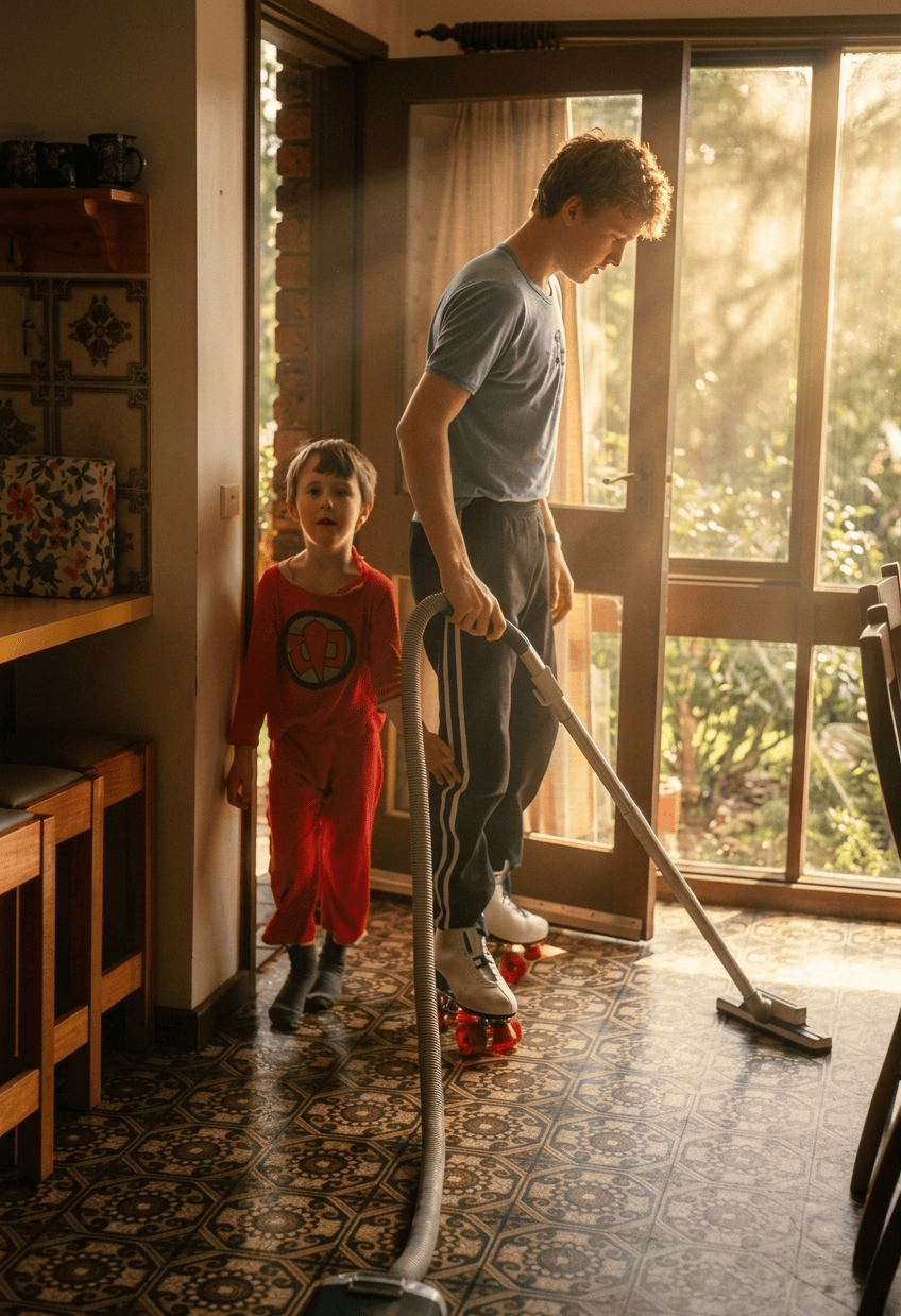 vacuuming in roller skates